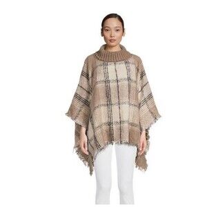 World Market Brown Windowpane Turtleneck Pullover Boucle Poncho Sweater One Size